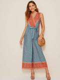 Aztec Print Wide Leg Belted Jumpsuit