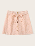 Eyelet Embroidered Button Belted Skirt