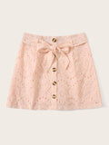 Eyelet Embroidered Button Belted Skirt
