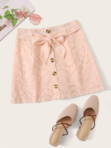 Eyelet Embroidered Button Belted Skirt