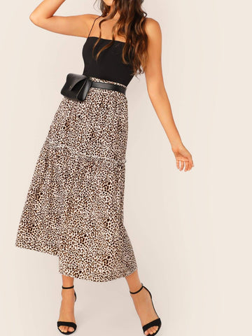 Frill Trim Leopard Swing Skirt