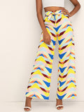 Geo Print Slit Hem Belted Pants