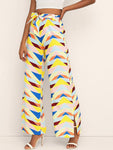 Geo Print Slit Hem Belted Pants