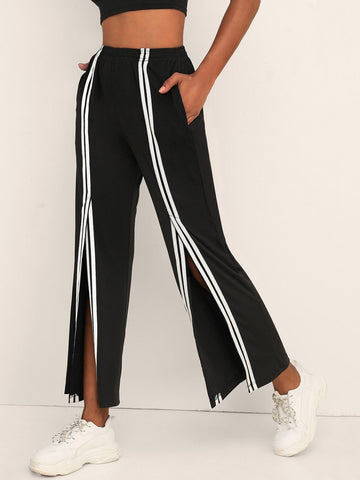 Contrast Side Tape Split Hem Pants