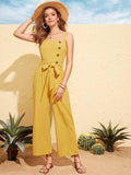 Buttoned Front Belted Wide Leg Tank Jumpsuit