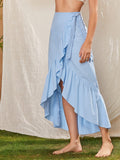 Asymmetric Ruffle Hem Wrap Skirt