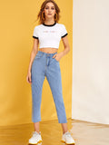 Contrast Panel Button Fly Crop Jeans