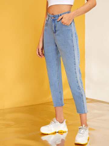 Contrast Panel Button Fly Crop Jeans