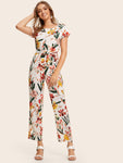 Button Back Belted Floral Print Jumpsuit