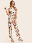 Button Back Belted Floral Print Jumpsuit