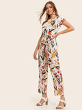 Button Back Belted Floral Print Jumpsuit