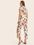 Button Back Belted Floral Print Jumpsuit