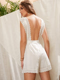 Ruffle Trim Backless Eyelet Embroidered Belted Romper