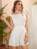 Ruffle Trim Backless Eyelet Embroidered Belted Romper