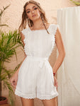 Ruffle Trim Backless Eyelet Embroidered Belted Romper