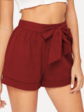 Elastic Waist Cuffed Shorts With Belt