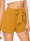 Elastic Waist Cuffed Shorts With Belt