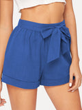 Elastic Waist Cuffed Shorts With Belt