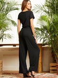 SBetro Drawstring Waist Wide Leg Maxi T-shirt Jumpsuit