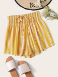 Striped Tie Front Shirred Waist Shorts