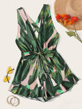 Crisscross Tie Back Tassel Drawstring Tropical Romper