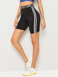 Letter Print Side Striped Cycling Shorts