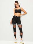 Letter Print Contrast Mesh Leggings