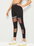 Letter Print Contrast Mesh Leggings