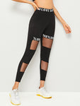 Letter Print Contrast Mesh Leggings