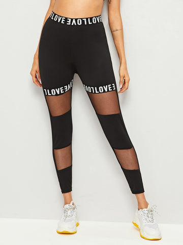 Letter Print Contrast Mesh Leggings