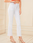 Solid Button Front Flare Leg Jeans