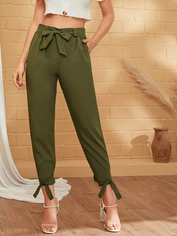 Solid Knot Hem Belted Tapered Pants