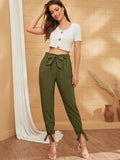 Solid Knot Hem Belted Tapered Pants