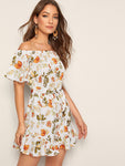 Floral Print Ruffle Hem Belted Romper