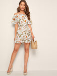 Floral Print Ruffle Hem Belted Romper