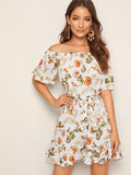 Floral Print Ruffle Hem Belted Romper