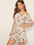 Floral Print Ruffle Hem Belted Romper