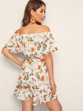 Floral Print Ruffle Hem Belted Romper