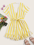 Striped Ruffle Trim Self Tie Romper