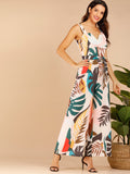 Tropical Print Belted Cami Jumpsuit