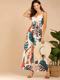 Tropical Print Belted Cami Jumpsuit