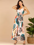 Tropical Print Belted Cami Jumpsuit