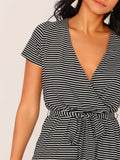 Surplice Neck Self Belted Striped Romper