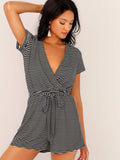 Surplice Neck Self Belted Striped Romper