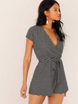 Surplice Neck Self Belted Striped Romper