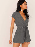 Surplice Neck Self Belted Striped Romper