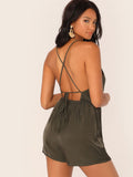 Crisscross Knot Backless Blouson Slip Romper