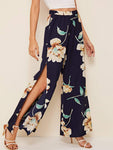 Elastic Waist Floral Print Split Pants