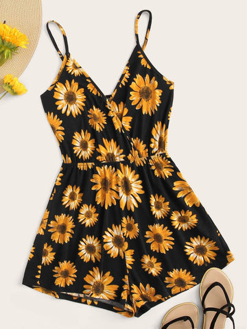 Surplice Neck Sunflower Print Cami Romper