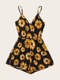 Surplice Neck Sunflower Print Cami Romper